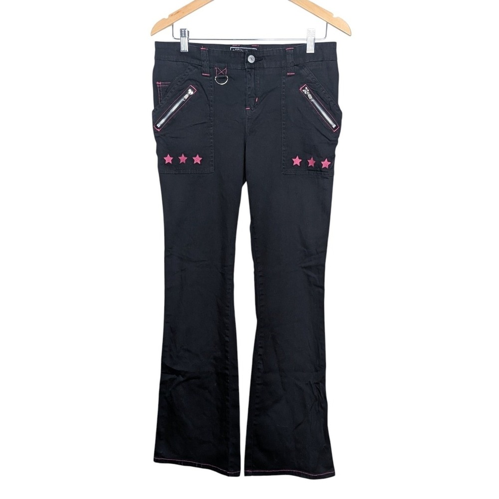 VTG KikGirl‎ Y2K Low Rise Flare Leg Jeans Pants Black Pink 7 32"